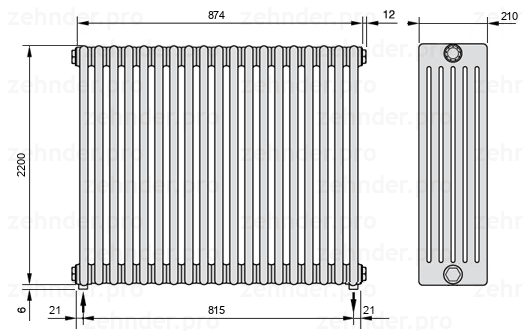 Схема (чертеж) Радиатор Zehnder Charleston 6220/19 №3570 Белый глянцевый RAL 9016